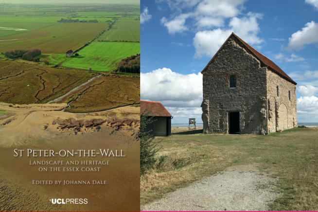 Image of book cover for St Peter on the Wall alongside a photo of St Peter-on-the-wall chapel